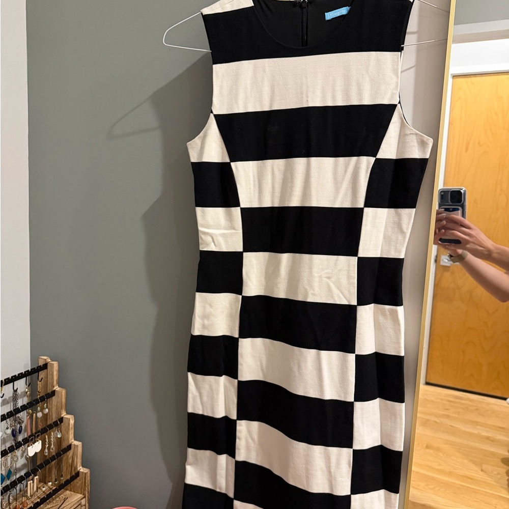 J. McLaughlin Black and Cream Striped Midi Dress